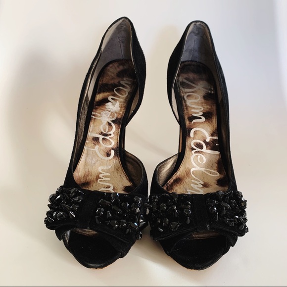 Sam Edelman Suede Peep Toe Heels with Studded Bow - Picture 2 of 7